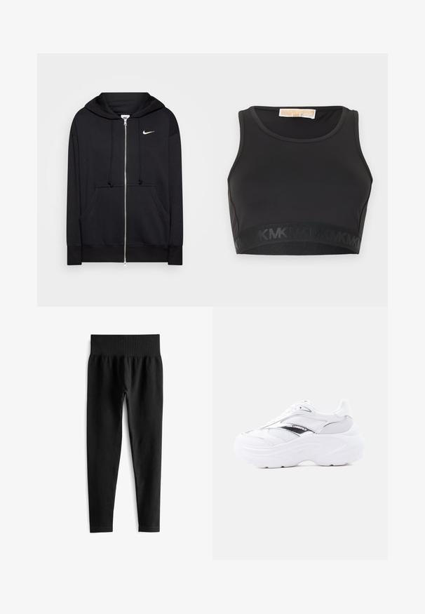 Čierna zipsová mikina z mäkkej tkaniny, s kapucňou, prednými vreckami, rebrovanými manžetami a malým bielym logom Nike na hrudi.; Čierna športová podprsenka z hladkej látky, so zaobleným výstrihom a elastickou páskou s logom v dolnej časti.; Čierne rebrované legíny so širokým elastickým pásom, ktoré majú priliehavý strih a hladkú textúru. Žiadny viditeľný hardvér ani vzory.; Biela robustná teniska s sieťovinovým a koženým zvrškom, hrubou podrážkou, kovovým strieborným detailom a nápisom "Karl Lagerfeld" na boku.