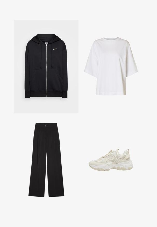 Sudadera con cremallera negra hecha de tejido suave, que cuenta con capucha, bolsillos frontales, puños acanalados y un pequeño logo blanco de Nike en el pecho.; Camiseta blanca de manga corta y ajuste holgado, con hombros caídos y cuello redondo sobre un fondo liso.; Pantalones negros de pierna ancha confeccionados en tela suave, con cintura alta, pliegues frontales y cierre con un solo botón. Textura suave y diseño elegante a medida.; Zapatilla voluminosa color blanco hueso con suela texturizada, paneles de malla y cuero, presillas en la lengüeta y el talón, y cierre de cordones con tope elástico.