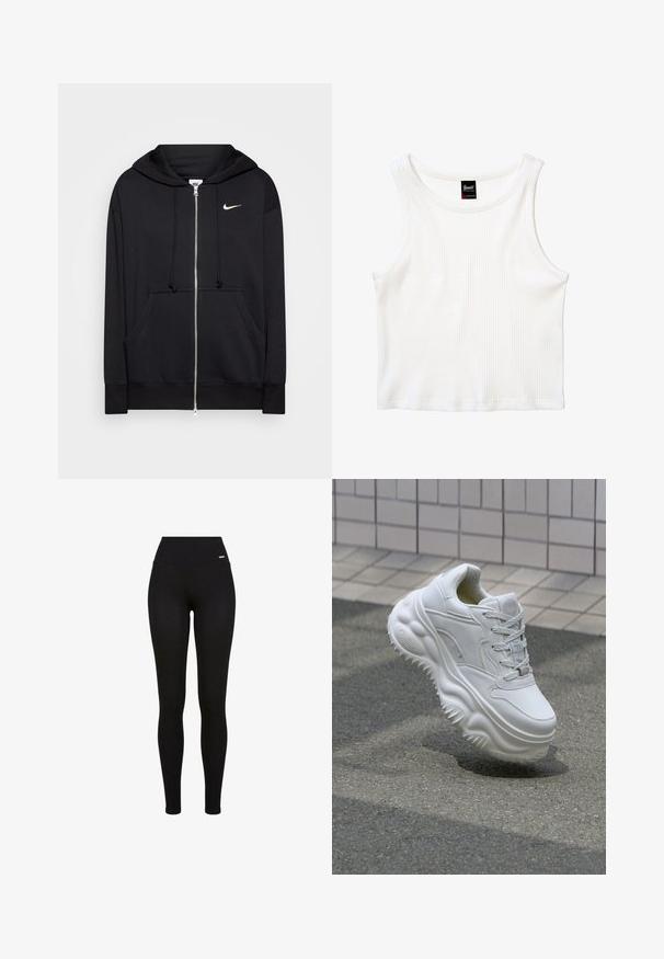 Schwarze Zip-Hoodie aus weichem Stoff, mit Kapuze, Fronttaschen, gerippten Bündchen und einem kleinen weißen Nike-Logo auf der Brust.; Weißes, geripptes ärmelloses Crop-Top mit rundem Ausschnitt und kleinem schwarzem Label in der Mitte des Rückenkollars.; Schwarze Leggings mit hohem Bund, dehnbarem Stoff, glatter Textur und einer enganliegenden Passform, die sowohl für die Freizeit- als auch für Sportbekleidung geeignet sind.; Weiße Leder-Sneaker mit einer massiven Sohle, strukturierten Details und Schnürverschluss. Verfügt über geformte Akzente und eine glatte Oberfläche.