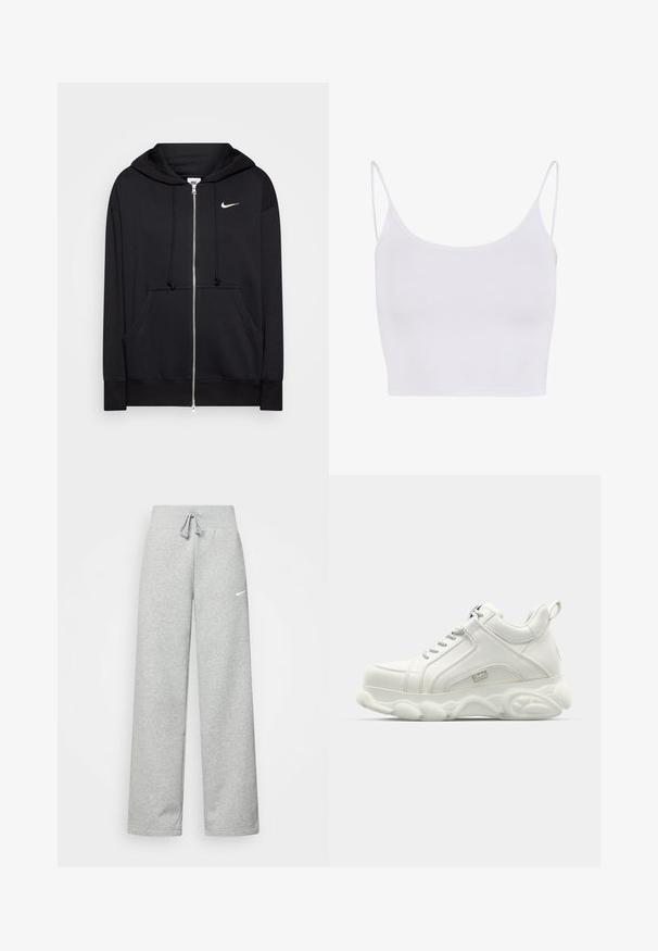 Sudadera con cremallera negra hecha de tejido suave, que cuenta con capucha, bolsillos frontales, puños acanalados y un pequeño logo blanco de Nike en el pecho.; Camiseta sin mangas blanca con tirantes delgados ajustables, un diseño ceñido y una textura suave y elástica sin patrones ni adornos.; Pantalones de chándal grises con cintura elástica, detalle de cordón y un pequeño logo blanco de Nike en el muslo izquierdo. Tejido suave, de corte holgado.; Zapatillas deportivas blancas con parte superior de cuero suave, suela redondeada y acento texturizado. Presentan cordones y una lengüeta en la parte posterior.