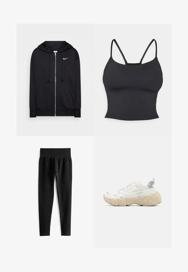Zwarte rits hoodie van zacht materiaal, voorzien van een capuchon, zakken aan de voorkant, geribde manchetten en een klein wit Nike-logo op de borst.; Zwarte aansluitende camisole van gladde stof, met dunne bandjes en een ronde halslijn, zonder extra patronen of accenten.; Zwarte geribde leggings met een brede elastische tailleband, met een aansluitende pasvorm en een gladde textuur. Geen zichtbare hardware of patronen.; Witte sneaker met een bovenwerk van mesh en glad leer, met een gevoerde kraag, een gemêleerde rubberen zool en subtiele metallic accenten.