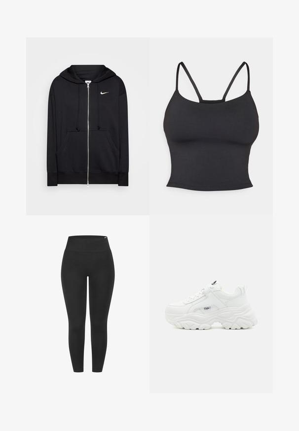 Sudadera con cremallera negra hecha de tejido suave, que cuenta con capucha, bolsillos frontales, puños acanalados y un pequeño logo blanco de Nike en el pecho.; Camiseta de tirantes ajustada negra, hecha de una tela suave, con tirantes finos y un escote redondo, sin patrones ni adornos adicionales.; Mallas negras con una cintura alta elástica, textura suave y diseño ceñido, adecuadas para diversas actividades.; Zapatillas blancas voluminosas con parte superior de piel lisa, punta redonda y suela gruesa texturizada con un logo de la marca visible en el lateral.