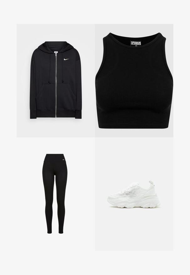 Hoodie zippé noir en tissu doux, doté d'une capuche, de poches frontales, de poignets côtelés et d'un petit logo Nike blanc sur la poitrine.; Top court côtelé noir avec un col rond et sans manches. Fabriqué en tissu extensible et texturé. Étiquette mentionne "Urban Classics."; Leggings Noirs avec une taille haute, tissu extensible, texture lisse et un design ajusté, adaptées pour un usage décontracté ou sportif.; Baskets blanches épaisses avec lacets sur le devant, panneaux latéraux en mesh floral et semelle épaisse sculptée, vues de profil gauche sur fond uni.