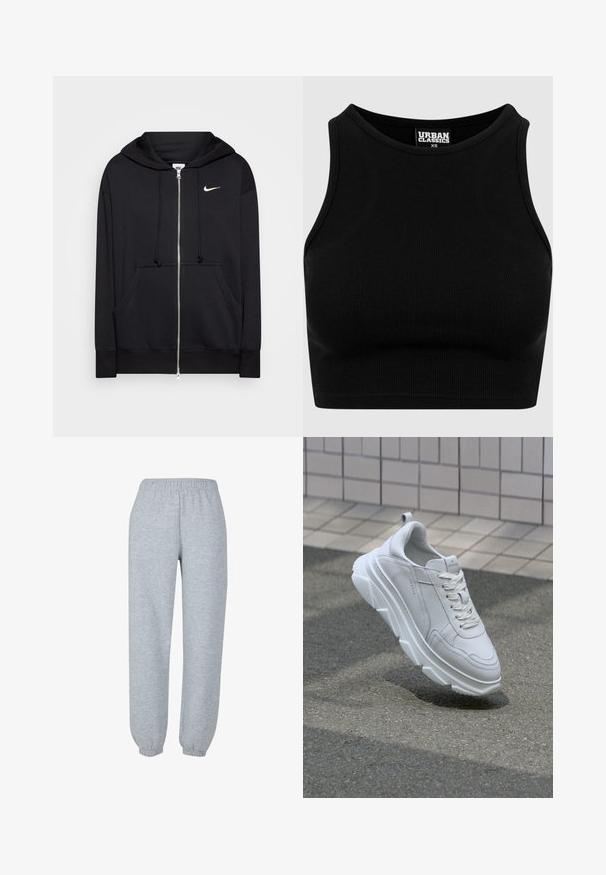 Čierna zipsová mikina z mäkkej tkaniny, s kapucňou, prednými vreckami, rebrovanými manžetami a malým bielym logom Nike na hrudi.; Čierny rebrovaný kratší top s okrúhlym výstrihom a bezrukávovým dizajnom. Vyrobený z pružnej textúrovanej látky. Na etikete je napísané "Urban Classics."; Sivé tepláky vyrobené z mäkkej tkaniny, s elastickým pásom, so zúženými členkami a jednoduchým dizajnom bez viditeľných vzorov alebo akcentov.; Biele kožené tenisky s hrubou, textúrovanou gumovou podrážkou, s viazaním na šnúrky a detailným prešívaním. Zaoblená špička a dizajn podpory členka.