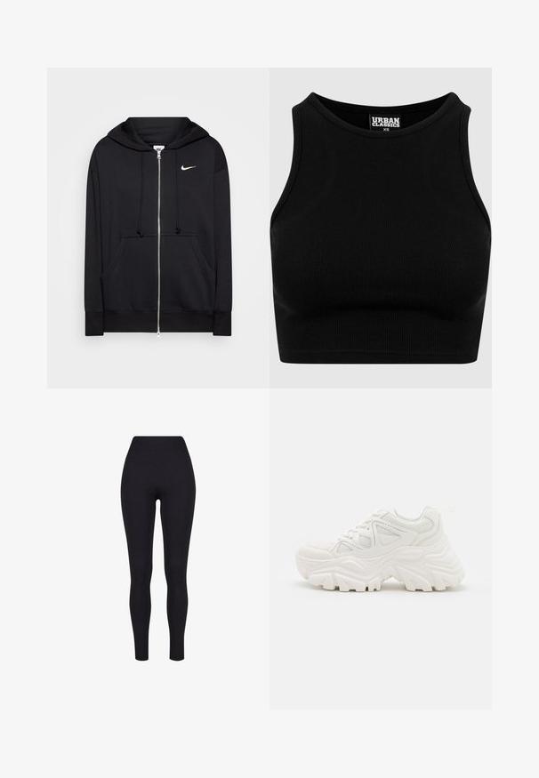 Zwarte rits hoodie van zacht materiaal, voorzien van een capuchon, zakken aan de voorkant, geribde manchetten en een klein wit Nike-logo op de borst.; Zwarte geribbelde cropped top met een ronde hals en mouwloos ontwerp. Gemaakt van een rekbare, textuurrijke stof. Label zegt "Urban Classics."; Zwarte high-waisted legging, gemaakt van rekbaar materiaal, met een gladde textuur en een aansluitend ontwerp zonder zichtbare naden of patronen.; Witte chunky sneakers met een textuur bovenwerk, meshpanelen en dikke rubberen zolen met een uitgesproken profiel. Inclusief veters en een aantreklip.