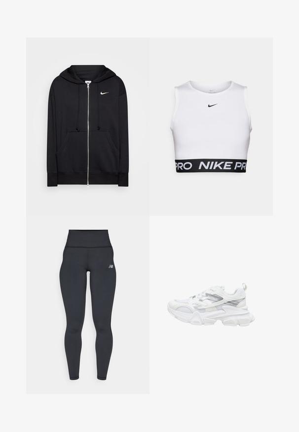 Čierna zipsová mikina z mäkkej tkaniny, s kapucňou, prednými vreckami, rebrovanými manžetami a malým bielym logom Nike na hrudi.; Biely športový crop top s okrúhlym výstrihom, bez rukávov a čiernym elastickým pásom s textom "NIKE PRO".; Čierne vysoké športové legíny s priliehavým strihom, hladkou textúrou a malým bielym logom na ľavom boku.; Biela športová teniska s robustnou podrážkou, sieťovinovým a syntetickým zvrškom, striebornými akcentmi a značkou „BUFFALO“ na boku.