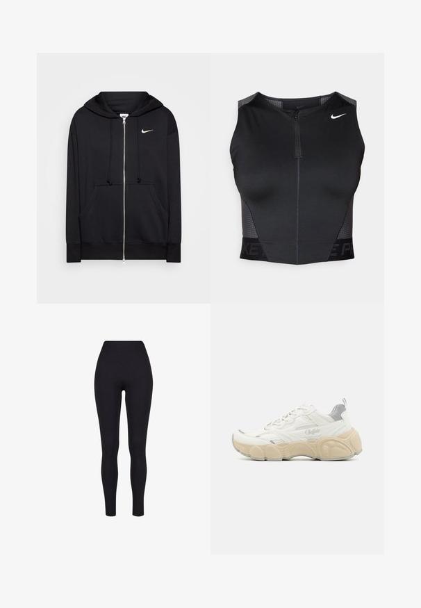 Čierna zipsová mikina z mäkkej tkaniny, s kapucňou, prednými vreckami, rebrovanými manžetami a malým bielym logom Nike na hrudi.; Čierny atletický crop top so zipsovým zapínaním, textúrovanými panelmi na ramenách a potlačeným logom značky. Vyrobený z elastickej, priedušnej tkaniny.; Čierne legíny s vysokým pásom, vyrobené z elastickej látky, s hladkou textúrou a priliehavým dizajnom bez viditeľných švov alebo vzorov.; Biele tenisky s vrchom z mäkkej kože a sieťoviny, s polstrovaným golierom, textúrovanou gumovou podrážkou a jemnými metalickými akcentmi.