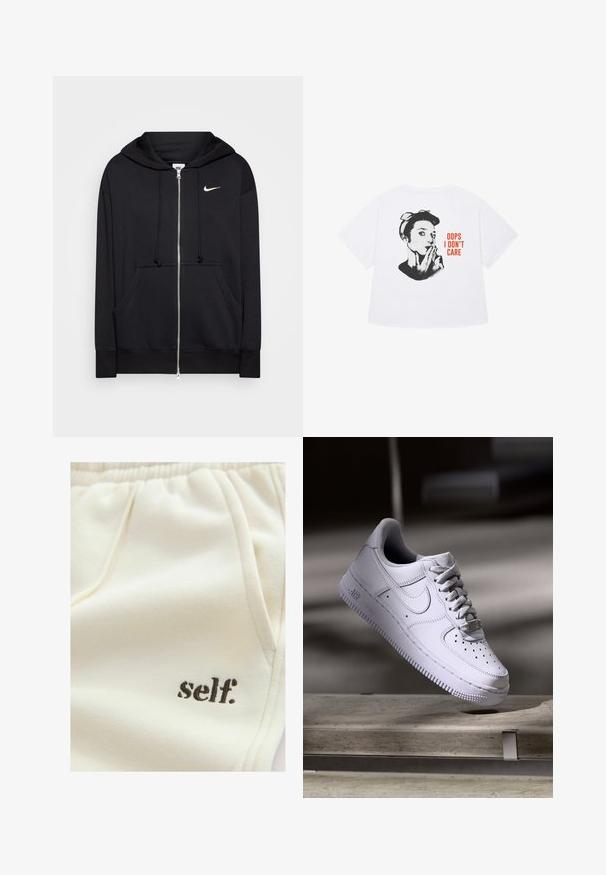 Čierna zipsová mikina z mäkkej tkaniny, s kapucňou, prednými vreckami, rebrovanými manžetami a malým bielym logom Nike na hrudi.; Biela tričko s krátkymi rukávmi, na ktorom je čierny grafický potlač tváre ženy s prstom na perách a textom "OOPS I DON'T CARE" v červenej farbe.; Béžové tepláky s voľným strihom, elastickým pásom, vreckami a malým čiernym logom „self.“ na ľavej strane. Mäkká textúra.; Biele tenisky Nike Air Force 1 vznášajúce sa nad betónovým povrchom so tieňmi v minimalistickom prostredí.