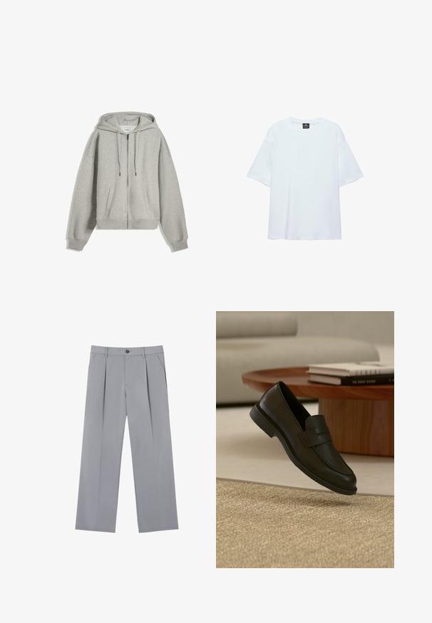 Grå zip-up hættetrøje lavet af blød bomuldsblanding. Har en stor hætte, snore og sidelommer. Løs pasform med ribstrik ved håndleddene.; Hvid, oversized T-shirt med korte ærmer og rund halsudskæring, med en sort etiket inde i kraven på en hvid baggrund.; Grå plisserede bukser med en afslappet pasform, lavet af et letvægtsstof. Har forlommer og en knaplukning i taljen.; Sort læderloafer vist i luften over en beige vævet tæppe, med et træbord og stablede bøger i et blødt oplyst stue.