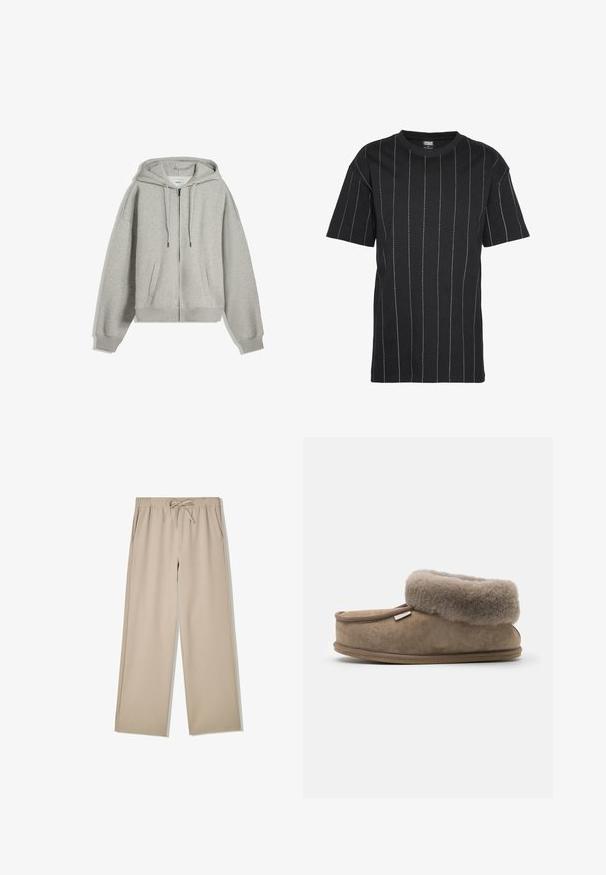 Sweat à capuche gris zippé fabriqué en mélange de coton doux. Il possède une grande capuche, des cordons de serrage et des poches latérales. Coupe décontractée avec des poignets côtelés.; T-shirt noir à manches courtes, avec des rayures verticales blanches et un col rond. Fabriqué en coton doux.; Pantalon beige à jambes larges avec taille élastique et cordon de serrage, doté de poches latérales, posé à plat sur fond blanc.; Chausson en daim marron avec un doux bord en fourrure grise, de forme arrondie, semelle plate et design minimaliste ; comprend un petit détail de logo.