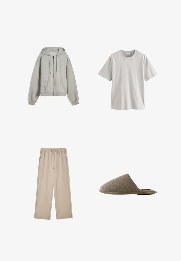 Grå zip-up hættetrøje lavet af blød bomuldsblanding. Har en stor hætte, snore og sidelommer. Løs pasform med ribstrik ved håndleddene.; Lysegrå t-shirt med korte ærmer og rund halsudskæring, lavet af blødt, glat stof; har et simpelt, minimalistisk design uden mønstre.; Beige bukser med vidde i benene, elastisk talje og snor, med sidelommer, lagt fladt på hvid baggrund.; Enkelt brun lukket tåsko med blødt, struktureret stof og flad sål vist fra siden på hvid baggrund.