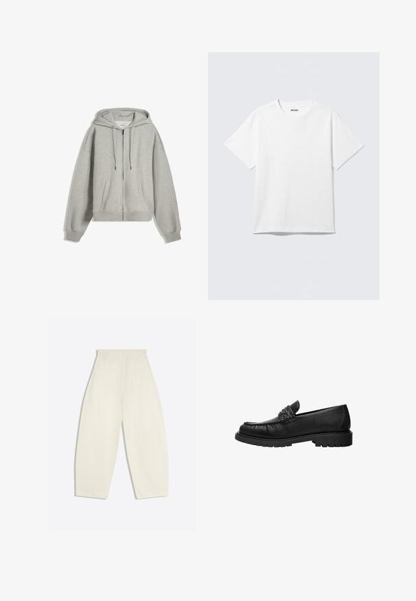 Grå zip-up hættetrøje lavet af blød bomuldsblanding. Har en stor hætte, snore og sidelommer. Løs pasform med ribstrik ved håndleddene.; Hvid kortærmet crewneck T-shirt lagt fladt ud, ensfarvet design, med "WEEKDAY" mærkat inde i kraven på en lys baggrund.; Bukser i cremefarvet stof med høj talje og vide ben, forsynet med baglommer og bæltestropper, lagt fladt ud på en lys baggrund.; Sort læderloafer med syninger på toppen, nitter på remmen og tyk gummisål, vist i profil på hvid baggrund.