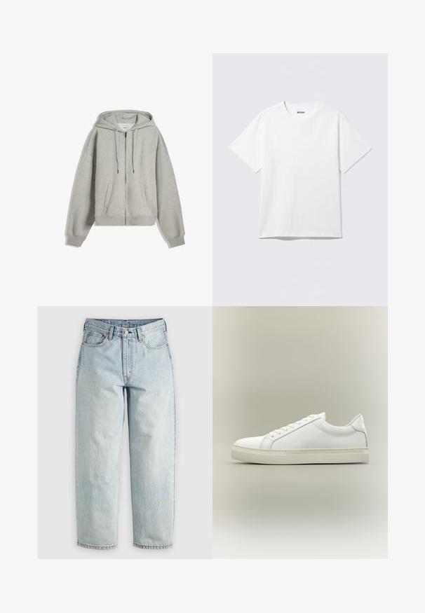 Sweat à capuche gris zippé fabriqué en mélange de coton doux. Il possède une grande capuche, des cordons de serrage et des poches latérales. Coupe décontractée avec des poignets côtelés.; T-shirt blanc à manches courtes et col rond, étalé à plat, design uni, avec l'étiquette "WEEKDAY" à l'intérieur du col sur un fond clair.; Jean en denim bleu clair avec une coupe droite, cinq poches et une fermeture à bouton; présente des zones décolorées et des détails de couture subtils.; Baskets blanches basses à lacets sur l’avant et semelle épaisse, vues de côté sur un fond neutre.