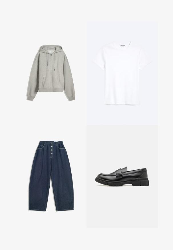 Grå zip-up hættetrøje lavet af blød bomuldsblanding. Har en stor hætte, snore og sidelommer. Løs pasform med ribstrik ved håndleddene.; Enkelt hvid T-shirt med korte ærmer og rund hals med synligt WEEKDAY-mærke i kraven, vist på en lys baggrund.; Mørkeblå denim bukser med brede ben og høj talje, fem knaplukninger og fem lommer. Har stikninger som accent på sømmene.; Sort læder loafersko med en bred rem over forfoden, gummisål med tykke mønstre og glat overflade. Klassisk, slankt design.