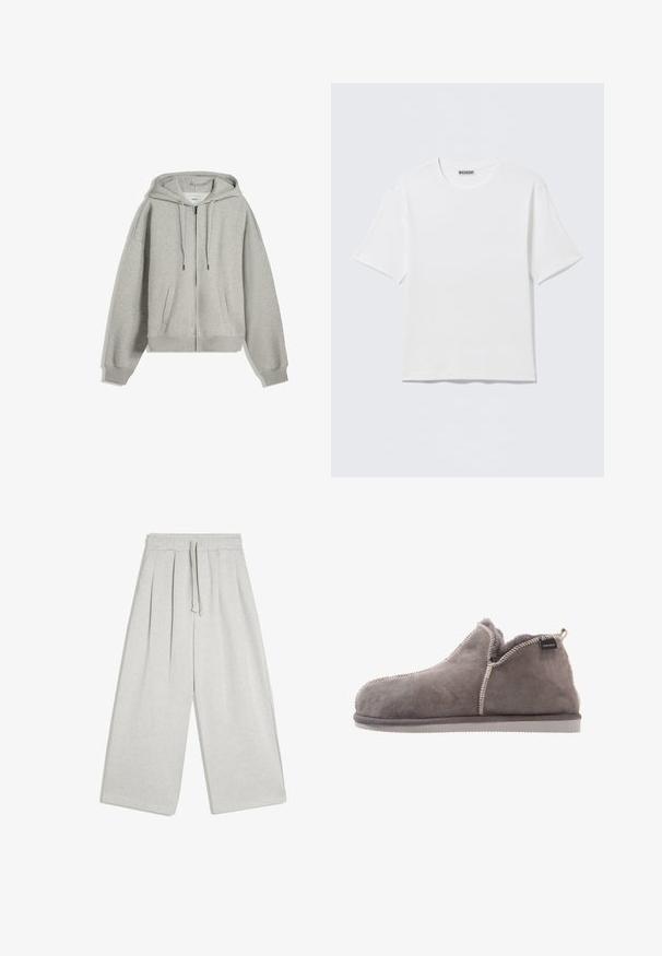 Sweat à capuche gris zippé fabriqué en mélange de coton doux. Il possède une grande capuche, des cordons de serrage et des poches latérales. Coupe décontractée avec des poignets côtelés.; T-shirt blanc uni à manches courtes et col rond, avec une petite étiquette "WEEKDAY" à l'intérieur du col arrière, présenté à plat.; Pantalon gris clair à jambes larges avec taille élastique et cordon de serrage, présentant des plis sur le devant et une coupe décontractée.; Chausson en suede gris avec un doublure douce, profil bas, coutures contrastantes et une étiquette sur le côté. Semelle en caoutchouc plate pour un confort intérieur.