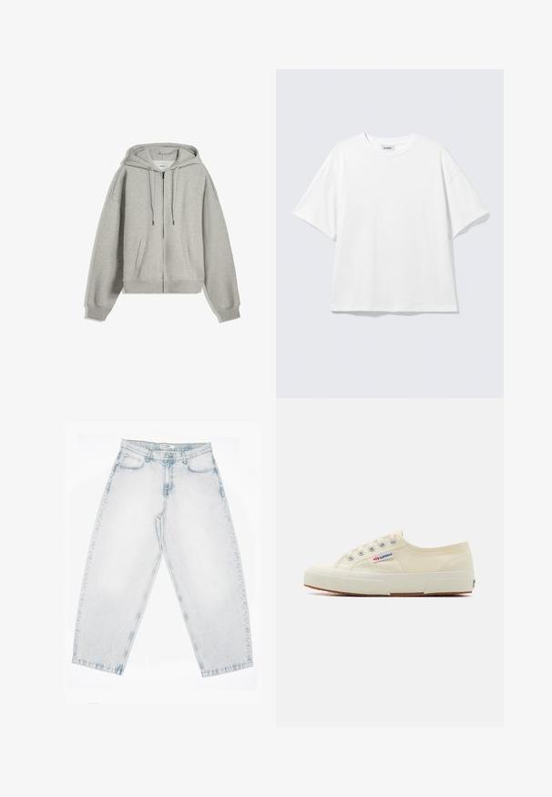 Grå zip-up hættetrøje lavet af blød bomuldsblanding. Har en stor hætte, snore og sidelommer. Løs pasform med ribstrik ved håndleddene.; Hvid oversized t-shirt med korte ærmer og rund halsudskæring med sænkede skuldre, fladt lagt på lys grå baggrund.; Lyseblå denimjeans med høj talje, lige brede ben, knap- og lynlåslukning samt lommer foran og bagpå.; Beige lærredssneaker med et lavprofildesign, metaløjet og gummisål. Har et tekstureret mønster og logodetalje på siden.