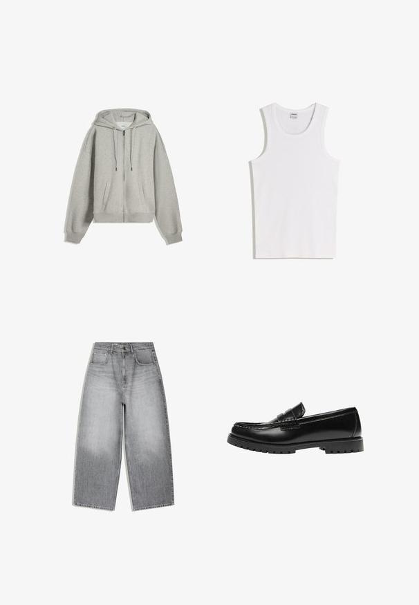 Sweat à capuche gris zippé fabriqué en mélange de coton doux. Il possède une grande capuche, des cordons de serrage et des poches latérales. Coupe décontractée avec des poignets côtelés.; Débardeur blanc en coton avec un col rond et de larges bretelles. Texture lisse, sans motifs ni accents, design simple.; Jean en denim gris taille haute avec une coupe large aux jambes, poches avant et fermeture à boutons, présenté à plat sur fond blanc.; Mocassin en cuir noir avec une semelle en caoutchouc épaisse et un détail classique de bride à monnaie, vu de côté extérieur.