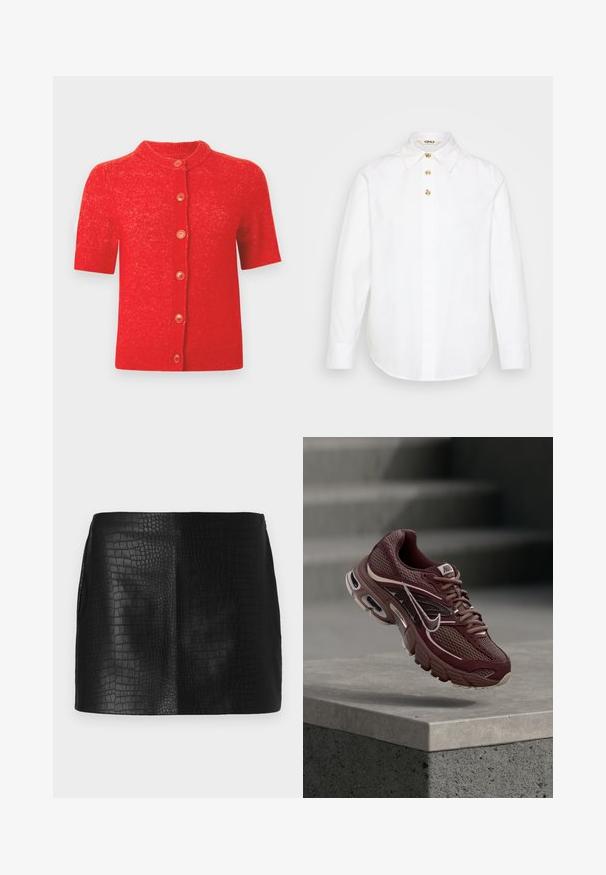 Cardigan rouge à manches courtes avec un col rond, comprenant six boutons orange sur le devant et un tricot légèrement texturé.; Chemise blanche à manches longues en coton, avec un col classique et cinq boutons dorés sur le devant. Texture lisse, coupe ajustée.; Mini jupe en simili cuir noir avec un motif crocodile texturé, présentant une finition lisse et une coupe ajustée sans accessoires visibles.; Chaussure de course Nike bordeaux avec tissu en mesh, col rembourré, semelle épaisse et accents blancs. Le design présente un bout arrondi et des lacets proéminents.