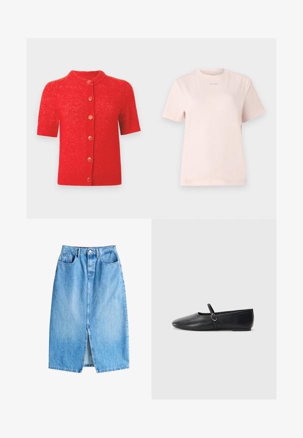 Cardigan rouge à manches courtes avec un col rond, comprenant six boutons orange sur le devant et un tricot légèrement texturé.; T-shirt en coton rose clair avec un col rond, des manches courtes et un petit logo "Calvin Klein" imprimé dans une couleur assortie sur la poitrine.; Jupe en denim bleu clair avec une fente avant, cinq poches et une fermeture à bouton. Présente une coupe droite classique et un ourlet effiloché.; Ballerines noires en cuir avec un bout pointu, une semelle plate et une petite sangle avec un détail de boucle en argent.