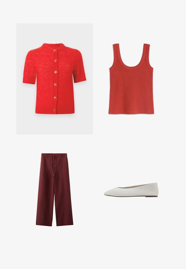 Cardigan rouge à manches courtes avec un col rond, comprenant six boutons orange sur le devant et un tricot légèrement texturé.; Débardeur sans manches rouge à côtes avec larges bretelles et encolure dégagée, posé à plat sur un fond blanc.; Pantalon bordeaux taille haute, jambes larges, avec un lien à l'avant et des passants pour ceinture, en tissu texturé, présenté à plat sur fond blanc.; Chaussure plate blanche avec un design à bout pointu, dessus en textile lisse, petit talon et style minimaliste sans motifs ni embellissements visibles.