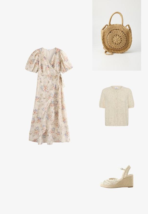 Kortærmet crème cardigan lavet af blødt, struktureret stof med rund halsudskæring og seks knaplukninger foran.; Lyse beige omslagskjole med pufærmer, blomsterprint i pink og blå og bindebælte i taljen, midi længde med overlappende forpaneler.; Beige vævet kile-sandal med ankelrem og åben tå, med flettet jutesål og detaljeret øvre design med løkker.; ONLY ONLPENELOPE BEACH ROUND CROSSOBODY - Skuldertasker - toasted coconut
