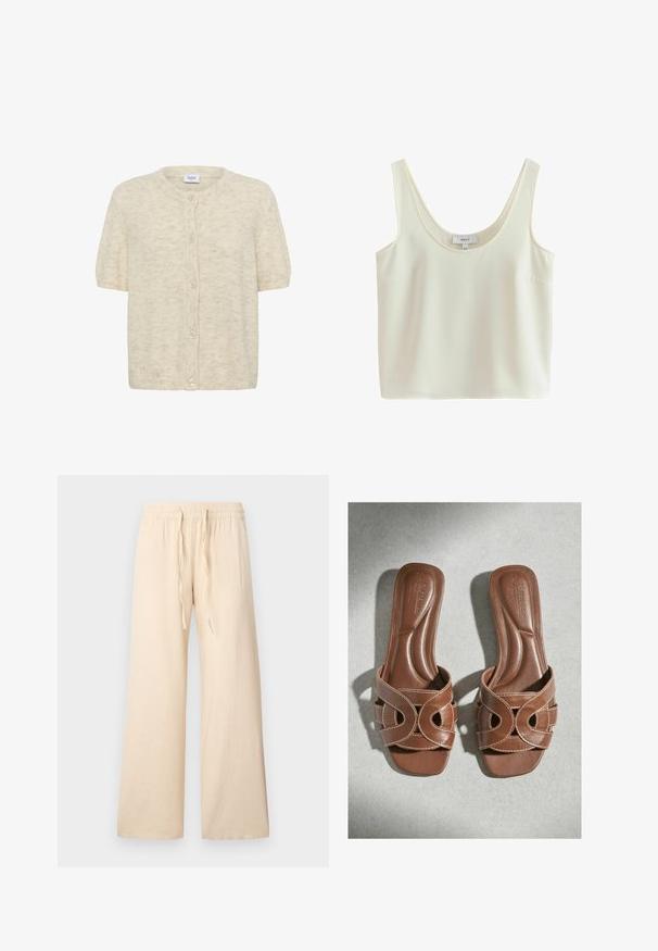 Kurzarm, cremfarbener Cardigan aus weichem, strukturiertem Stoff mit rundem Ausschnitt und sechs Knopfverschlüssen auf der Vorderseite.; Ärmelloses, cremefarbenes, kurzes Tanktop mit breiten Trägern und Rundhalsausschnitt aus glattem Stoff.; Beige weite Hosen aus weichem Stoff, mit elastischem Bund und Kordelzug, ohne sichtbare Muster oder Akzente.; Braune Leder-Slipper-Sandalen mit offenem Zehendesign und dekorativen breiten Riemen, nebeneinander auf einer hellgrauen Oberfläche angeordnet.