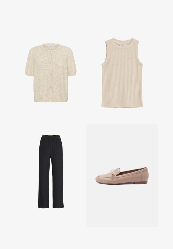 Kortærmet crème cardigan lavet af blødt, struktureret stof med rund halsudskæring og seks knaplukninger foran.; Ærmeløs beige ribstrikket top med rund halsudskæring og lille broderet logo på brystet, størrelse small, fladt lagt på hvid baggrund.; Sorte bredde-ben bukser med elastisk talje, lavet af et blødt stof, der har en glat overflade og en løs pasform hele vejen ned ad benene.; Beige læderflad loafer med rundet tå og guldkædedetalje over toppen, sat mod en ensfarvet hvid baggrund.