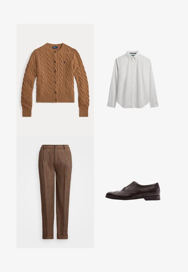 Cardigan en maille torsadée marron avec col rond, fermeture à boutons, manches longues, poignets et ourlet côtelés, et petit logo brodé sur la poitrine.; Chemise blanche à manches longues boutonnée avec col à boutons, présentée sur fond blanc.; Pantalons à carreaux marron avec une coupe ajustée, présentant des plis, une fermeture à bouton et des ourlets retroussés. Tissu texturé avec des accents orange.; Chaussure habillée en cuir marron avec des détails de brogue, fermeture à lacets, bout arrondi et un petit talon empilé. Fini poli et perforations complexes.