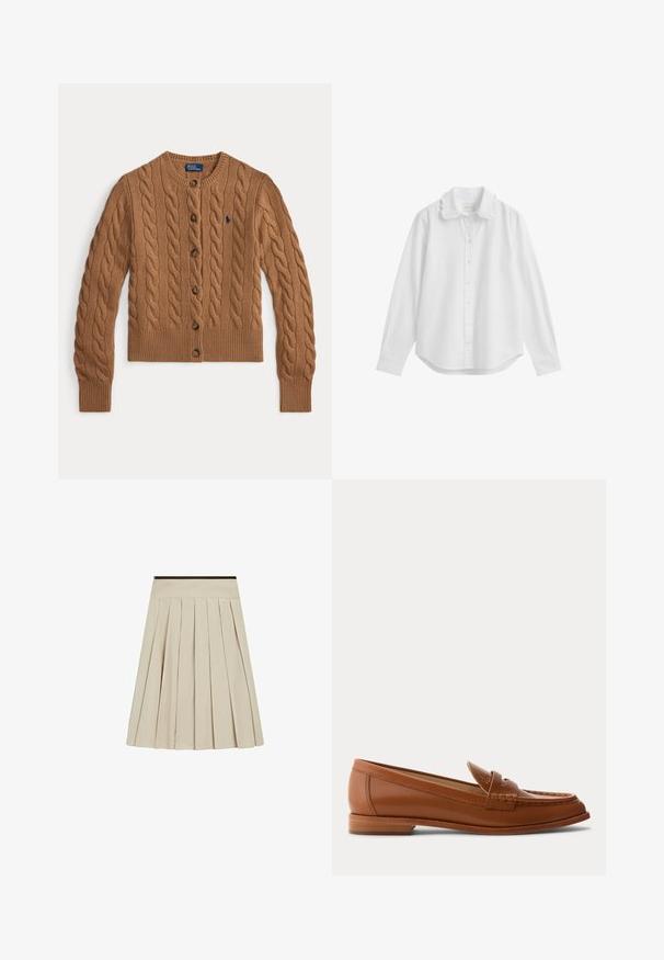 Bruine kabelgebreide cardigan met ronde hals, knoopsluiting, lange mouwen, geribde boorden en zoom, en een klein geborduurd logo op de borst.; Wit overhemd met lange mouwen, knopen, een golvende kraag en met knoopmanchetten, weergegeven op een witte achtergrond.; Beige geplooide rok met een brede tailleband en een donkere rand bovenaan, knielengte met gelijkmatig verdeelde verticale plooien.; Bruine leren loafer met lage houten hak, klassieke pennyriem en gestikte details langs de neus en zijkanten.