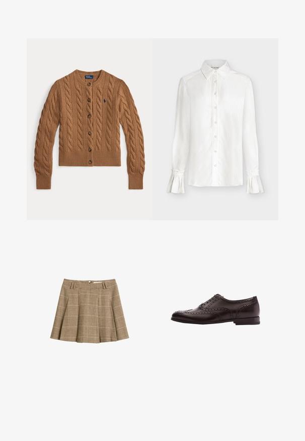 Brauner Strickcardigan mit Rundhalsausschnitt, Knopfverschluss, langen Ärmeln, gerippten Bündchen und Saum sowie einem kleinen gestickten Logo auf der Brust.; Weiße Bluse mit langen Ärmeln, Knopfleiste vorne, spitzem Kragen, dezenten vertikalen Streifen und ausgestellten Manschetten mit Rüschenverzierung.; Brauner kariertes Rock mit schwingendem Design, Falten und einem Bund mit Gürtelschlaufen. Hergestellt aus einem strukturierten Stoff mit einem Karomuster.; Braune Leder-Hausschuhe mit Broguedetails, Schnürverschluss, runder Zehenform und niedrigem Blockabsatz. Polierte Oberfläche und filigrane Perforationen.