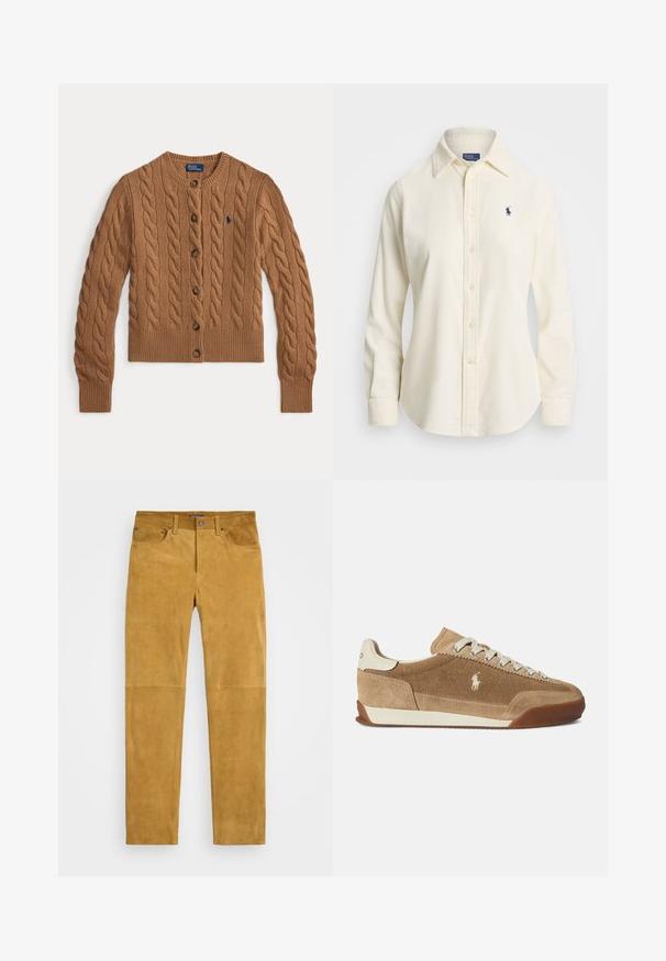 Bruine kabelgebreide cardigan met ronde hals, knoopsluiting, lange mouwen, geribde boorden en zoom, en een klein geborduurd logo op de borst.; Crème-kleurig corduroy shirt met een klassieke kraag, knoopsluiting aan de voorkant en lange mouwen. Heeft een klein marineblauw logo op de linkerborst.; Tan suède broek met een gladde textuur, vijf zakken en een rechte pasvorm. Voorzien van metalen hardware bij de zakken en een knoopsluiting.; Lichtbruine suède sneakers met een laag profiel, crèmekleurige accenten, vetersluiting en een rubberen buitenzool. Voorzien van een klein logo aan de zijkant.