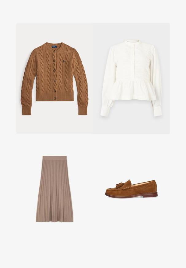 Brauner Strickcardigan mit Rundhalsausschnitt, Knopfverschluss, langen Ärmeln, gerippten Bündchen und Saum sowie einem kleinen gestickten Logo auf der Brust.; Weiße langärmlige Bluse mit gerafften Vorderteilen, Stehkragen, Knopfleiste und gerafftem Peplum-Saum.; Taupefarbener, knielanger, plissierter Rock mit elastischem Bund, flach auf weißem Hintergrund präsentiert.; Brauner Wildleder-Tasselloafer mit rundem Zehenbereich, niedrigem Holzabsatz und gestickten Details entlang der Kanten.
