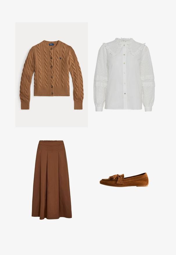 Brun kabelstrikket cardigan med rund hals, knaplukning, lange ærmer, ribstrikkede manchetter og kant samt et lille broderet logo på brystet.; Hvid bluse med en flæsekrave, knaplukning foran og broderet øjenlågdetaljering på de puffede ærmer. Har en subtil glans og blød tekstur.; Brun A-formet midi-nederdel med frontplisser og elastik i taljen, lavet af glat stof.; Brun ruskind flad loafer med dusk og sløjfedetalje på toppen, syet mokkasinstil overdel og lav hælsål.