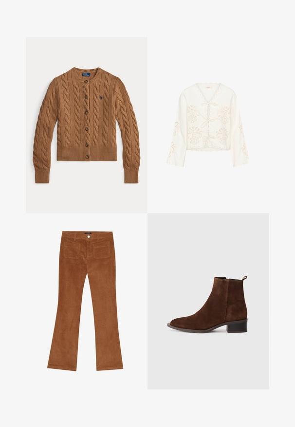 Brauner Strickcardigan mit Rundhalsausschnitt, Knopfverschluss, langen Ärmeln, gerippten Bündchen und Saum sowie einem kleinen gestickten Logo auf der Brust.; Weiße langärmlige, kurze Bluse mit wellenförmigen Kanten, floralen Spitzenausschnitten und drei vorderen Binderverschlüssen.; Braune Cord-Hosen im Schlagstil mit gerippter Textur, vorderem Knopfverschluss und zwei Gesäßtaschen.; Braune Wildleder Stiefelette mit runder Zehenform, niedrigem Blockabsatz und einem seitlichen Reißverschluss. Verfügt über eine Schlaufe an der Rückseite für einfaches Anziehen.