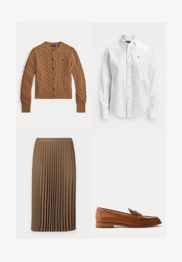 Brauner Strickcardigan mit Rundhalsausschnitt, Knopfverschluss, langen Ärmeln, gerippten Bündchen und Saum sowie einem kleinen gestickten Logo auf der Brust.; Weißes Langarm-Hemd aus Baumwolle mit klassischen Kragen und kleinem gesticktem Logo auf der Brust.; Brauner gefalteter Rock aus weichem Stoff, mit einem strukturierten Bund in geometrischem Muster. Das Design ist knielang und fließt sanft.; Brauner Lederloafer mit niedrigem Holzabsatz, klassischem Pennyriemen und genähten Details entlang der Zehen- und Seitenpartien.