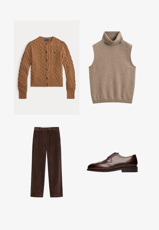 Brauner Strickcardigan mit Rundhalsausschnitt, Knopfverschluss, langen Ärmeln, gerippten Bündchen und Saum sowie einem kleinen gestickten Logo auf der Brust.; Ärmellose beigefarbene gestrickte Rollkragenweste mit Rippenstruktur an Kragen und Saum, aus weichem Stoff.; Braune Cordhose mit geradem Bein, Gürtelschlaufen und Seitentaschen, flach auf weißem Hintergrund dargestellt.; Braune Leder-Dressschuhe mit Brogue-Details, runder Zehenform und fünf Ösen für die Schnürung, die auf einer flachen, strukturierten Laufsohle ruhen.