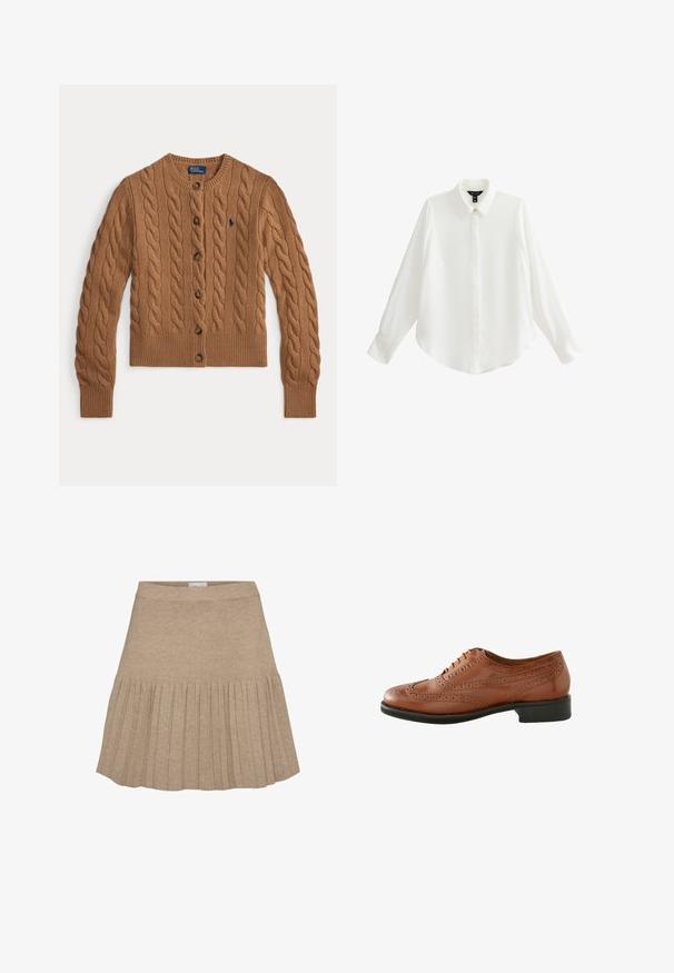 Brauner Strickcardigan mit Rundhalsausschnitt, Knopfverschluss, langen Ärmeln, gerippten Bündchen und Saum sowie einem kleinen gestickten Logo auf der Brust.; Weißes Langarmhemd aus glattem Stoff, mit spitzem Kragen, Knopfleiste und abgerundetem Saum sowie geknöpften Ärmeln.; Beiger Strickrock mit tailliertem Bund und plissiertem Design ab mittlerer Länge, das eine ausgestellte Silhouette erzeugt.; Braune Leder-Brogue-Schuhe mit perforierten Details, runder Zehenform und niedrigem schwarzen Absatz. Ausgestattet mit einer klassischen Schnürung.