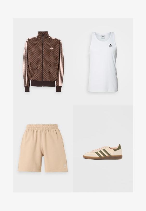 Καφέ αθλητικό μπουφάν Adidas με επαναλαμβανόμενο μοτίβο trefoil, ροζ τρεις ρίγες στα μανίκια, φερμουάρ μπροστά και μικρό λογότυπο trefoil στο στήθος.; Λευκή ριμπ μπλούζα χωρίς μανίκια με στρογγυλή λαιμόκοψη, μαύρο λογότυπο Adidas στην αριστερή πλευρά του στήθους και άνετη εφαρμογή. Μαλακό βαμβακερό υλικό.; Μπεζ σορτς με ελαστική μέση, πλαϊνές τσέπες και ένα μικρό λευκό λογότυπο Adidas στο αριστερό πόδι, εμφανίζεται σε απλό φόντο.; Χαμηλού προφίλ μπεζ αθλητικό παπούτσι Adidas Spezial με πράσινες ρίγες, σόλα από καουτσούκ και την επωνυμία "SPEZIAL" στην πλευρά, εμφανίζεται από την εξωτερική πλευρά.