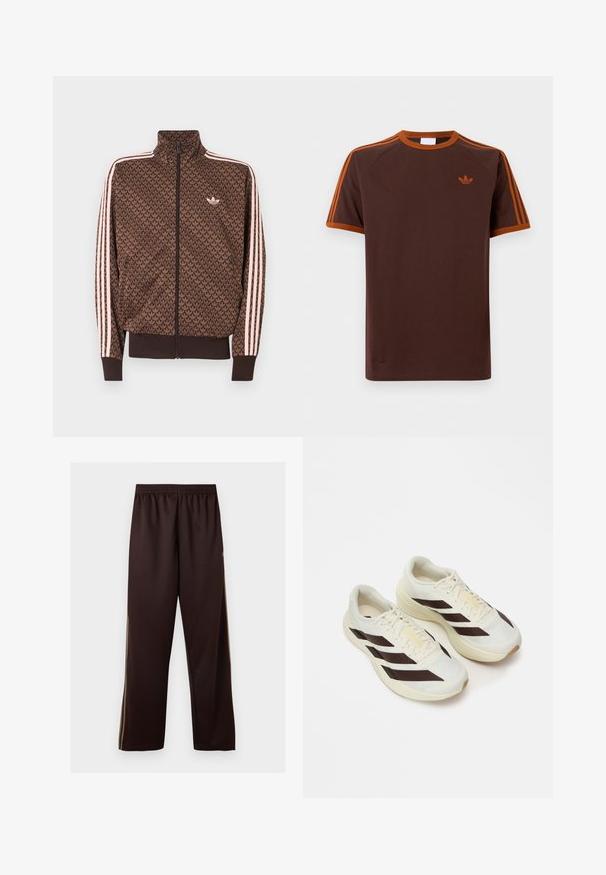 Καφέ αθλητικό μπουφάν Adidas με επαναλαμβανόμενο μοτίβο trefoil, ροζ τρεις ρίγες στα μανίκια, φερμουάρ μπροστά και μικρό λογότυπο trefoil στο στήθος.; Καφέ κοντομάνικο T-shirt με πορτοκαλί περιθώριο, τρεις πορτοκαλί ρίγες στα μανίκια και μικρό πορτοκαλί λογότυπο Adidas trefoil στο αριστερό στήθος.; Σκούρο καφέ παντελόνι με ευρύ πόδι, ελαστική μέση και διακριτικές ανοιχτό καφέ λωρίδες στα πλάγια, σε απλό λευκό φόντο.; Ανοιχτόχρωμα αθλητικά παπούτσια με σκούρες καφέ διαγωνίους ρίγες, υφασμάτινο επάνω μέρος με υφή και μαλακή σόλα. Διαθέτει κίτρινη σήμανση "ADIZERO".
