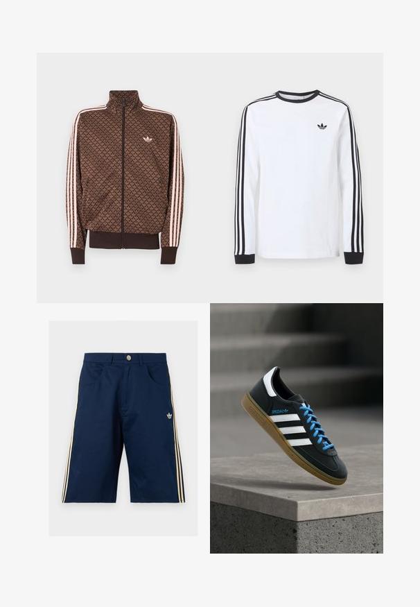 Καφέ αθλητικό μπουφάν Adidas με επαναλαμβανόμενο μοτίβο trefoil, ροζ τρεις ρίγες στα μανίκια, φερμουάρ μπροστά και μικρό λογότυπο trefoil στο στήθος.; Λευκό μπλουζάκι Adidas με μακριά μανίκια, μαύρο στρογγυλό λαιμόκοψη, μαύρα μανσέτα, τρεις μαύρες ρίγες στα μανίκια και μαύρο λογότυπο trefoil στο στήθος.; Σκούρο μπλε σορτς Adidas με μπεζ τρεις ρίγες στα πλάγια, μπροστινές τσέπες, κούμπωμα με κουμπί και λογότυπο Adidas trefoil στο δεξί πόδι.; Μαύρο αθλητικό παπούτσι Adidas με λευκές ρίγες, μπλε κορδόνια και καουτσούκ σόλα να αιωρείται πάνω από γκρίζο τσιμεντένιο σκαλοπάτι σε απαλό φως.
