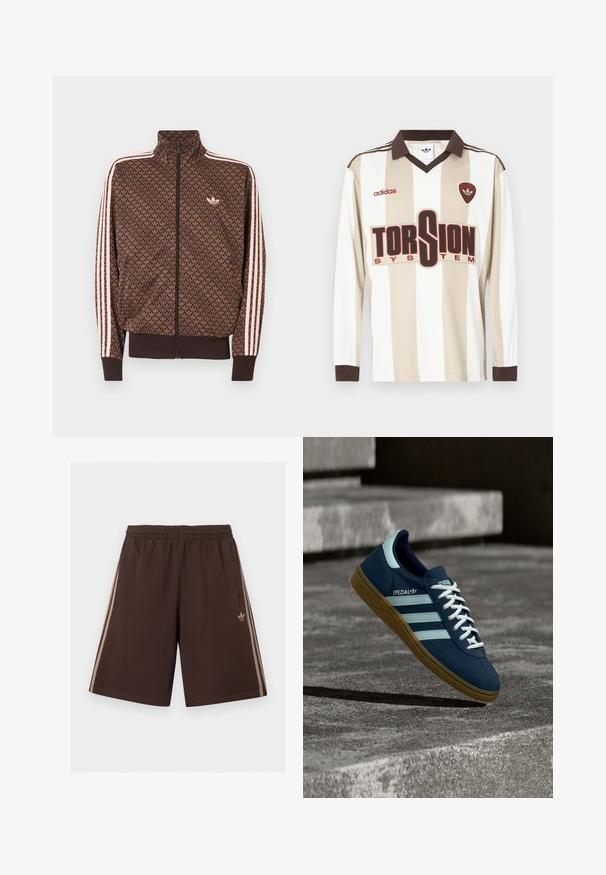 Καφέ αθλητικό μπουφάν Adidas με επαναλαμβανόμενο μοτίβο trefoil, ροζ τρεις ρίγες στα μανίκια, φερμουάρ μπροστά και μικρό λογότυπο trefoil στο στήθος.; Μακρυμάνικη ποδοσφαιρική φανέλα σε μπεζ και λευκές ρίγες· διαθέτει καφέ γιακά και μανσέτες, μεγάλο κόκκινο λογότυπο "TORSION SYSTEM" και σήμανση adidas.; Καφέ σορτς Adidas με ελαστική μέση, πλαϊνές τσέπες και ανοιχτό μπεζ τριπλές ρίγες κατά μήκος των ποδιών, λογότυπο Adidas στη δεξιά πλευρά.; Μπλε sneaker Adidas Spezial με λευκές ρίγες και κορδόνια, λαστιχένια σόλα, αιωρείται πάνω από τραχιά επιφάνεια σκυροδέματος και σκαλοπάτια στο φόντο.