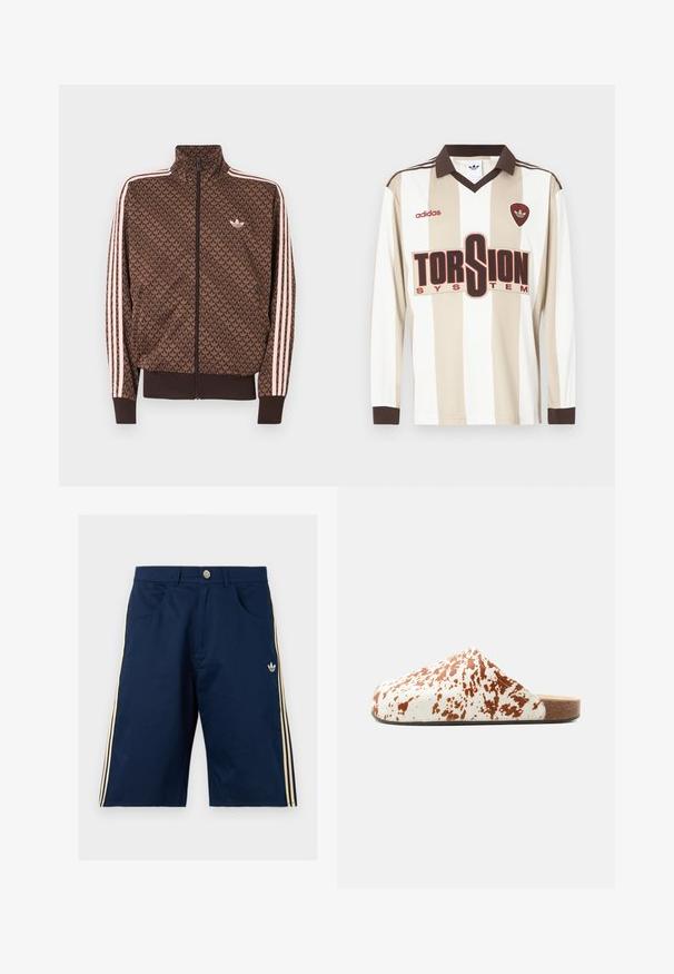 Καφέ αθλητικό μπουφάν Adidas με επαναλαμβανόμενο μοτίβο trefoil, ροζ τρεις ρίγες στα μανίκια, φερμουάρ μπροστά και μικρό λογότυπο trefoil στο στήθος.; Μακρυμάνικη ποδοσφαιρική φανέλα σε μπεζ και λευκές ρίγες· διαθέτει καφέ γιακά και μανσέτες, μεγάλο κόκκινο λογότυπο "TORSION SYSTEM" και σήμανση adidas.; Σκούρο μπλε σορτς Adidas με μπεζ τρεις ρίγες στα πλάγια, μπροστινές τσέπες, κούμπωμα με κουμπί και λογότυπο Adidas trefoil στο δεξί πόδι.; Παπούτσι mule slip-on με λευκό και καφέ πουδρωτό μοτίβο και επίπεδη φελλό σόλα σε μονόχρωμο φόντο.