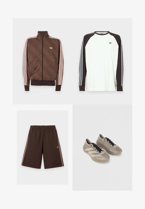 Καφέ αθλητικό μπουφάν Adidas με επαναλαμβανόμενο μοτίβο trefoil, ροζ τρεις ρίγες στα μανίκια, φερμουάρ μπροστά και μικρό λογότυπο trefoil στο στήθος.; Λευκό πουκάμισο με μακριά μανίκια και καφέ μανίκια raglan. Διαθέτει μπλε και λευκές ρίγες στα μανίκια και ένα μικρό λογότυπο στο στήθος.; Καφέ σορτς Adidas με ελαστική μέση, πλαϊνές τσέπες και ανοιχτό μπεζ τριπλές ρίγες κατά μήκος των ποδιών, λογότυπο Adidas στη δεξιά πλευρά.; Ζευγάρι μπεζ αθλητικά παπούτσια με μαύρα κορδόνια, διαθέτοντας υφή με ριγέ μοτίβο και τρεις πλαϊνές γραμμές σε απλό φόντο.