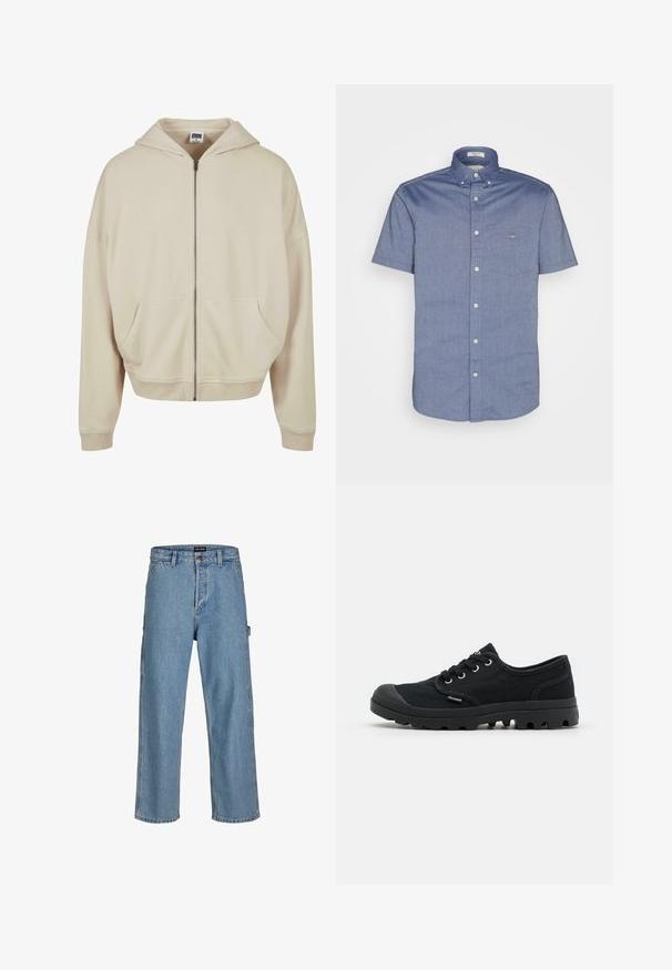 Beige zip-up hoodie med hætte, forlommer, ribbede manchetter og nederkant. Fremstillet af blødt materiale med en glat struktur.; Kortærmet blå skjorte med knapper og knaplukket krave samt lille broderet logo på venstre brystlomme.; Lysblå denim jeans med afslappet pasform, lige ben og klassisk taljebutton. Har sidelommer og subtile syninger.; Sort canvas snøresko med gummitåhætte, tekstureret sål og snørehuller. Har polstret krave og minimal branding på siden.