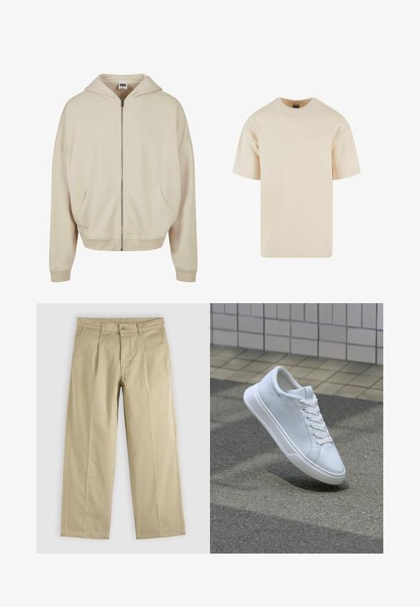 Beige zip-up hoodie med hætte, forlommer, ribbede manchetter og nederkant. Fremstillet af blødt materiale med en glat struktur.; Beige bomulds t-shirt med rund hals, korte ærmer og lige pasform. Glat tekstur uden synlige mønstre eller accenter.; Beige bukser med lige ben, forreste læg, bæltestropper, sidelommer og knaplukning i taljen.; Hvid lavtop sneaker med snørebånd, der svæver over tekstureret asfalt og beige flisebelagt overflade i baggrunden.