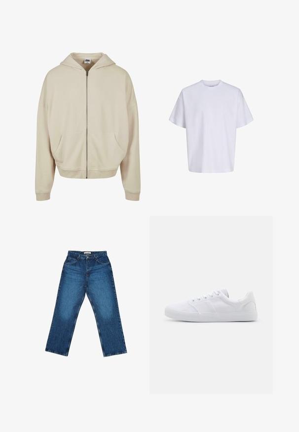 Beige Zip-Hoodie mit Kapuze, Fronttaschen, gerippten Bündchen und Saum. Hergestellt aus weichem Material mit glatter Textur.; Schlichtes weißes oversized T-Shirt mit kurzen Ärmeln, Rundhalsausschnitt und lockerem Sitz vor weißem Hintergrund.; Blaue Jeans aus Denim mit geradem Schnitt, ausgestattet mit einem Taillenbund mit Gürtelschlaufen, seitlichen Taschen und Verwaschungen an den Beinen.; Weiße Leinenschuhe mit Gummisohle, ausgestattet mit sechs Ösen, einer strukturierten Zehenkappe und minimalistischer Gestaltung.