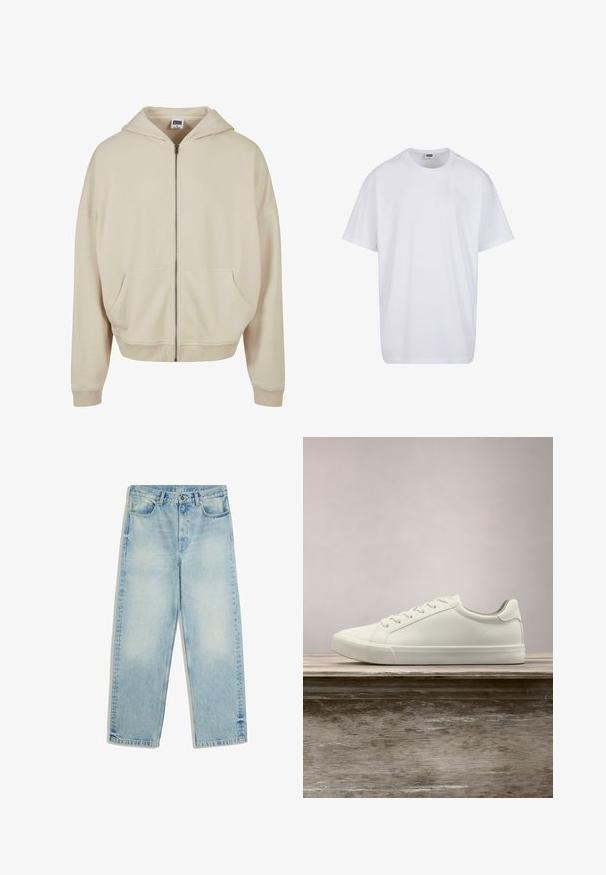 Beige zip-up hoodie med hætte, forlommer, ribbede manchetter og nederkant. Fremstillet af blødt materiale med en glat struktur.; Hvid, kortærmet bomulds-T-shirt med rund hals og synligt størrelses- og mærkelabel inde i kraven.; Lyseblå jeans med lige ben og høj talje, foran knap, lynlås, bæltestropper og forlommer, vist fladt på hvid baggrund.; Hvide snørresneakers svævende over en træbænk med grønne planter i baggrunden, der fremhæver skodesign og tekstur.