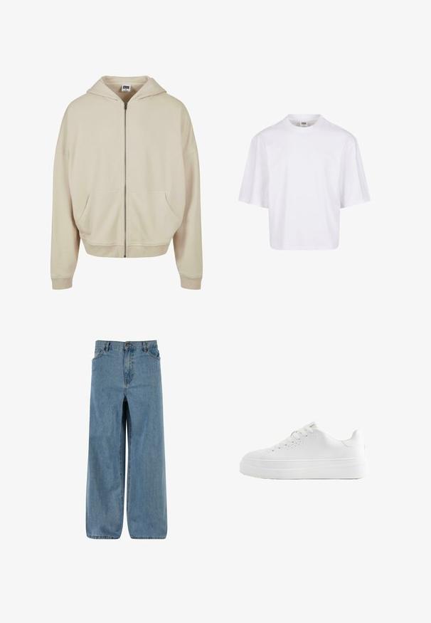Beige zip-up hoodie met een capuchon, voorzakken, ribgebreide manchetten en zoom. Gemaakt van zacht materiaal met een gladde textuur.; Witte, kortekorte t-shirt met een ronde hals en een ontspannen pasvorm, gemaakt van een zachte katoenmix. Geen patronen of versieringen.; Jeans met wijde pijpen in lichtblauw. Voorzien van een knoop- en ritssluiting, vijf zakken en een vervaagde textuur voor een klassieke uitstraling.; Witte lage sneaker met dikke zool, veters aan de voorkant en kleine ventilatiegaatjes aan de zijkant, zijaanzicht.