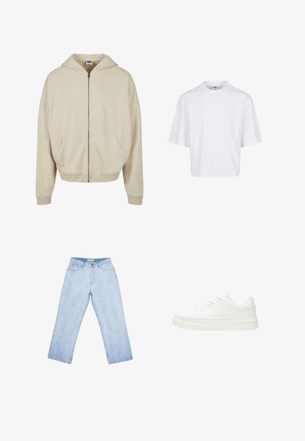 Beige Zip-Hoodie mit Kapuze, Fronttaschen, gerippten Bündchen und Saum. Hergestellt aus weichem Material mit glatter Textur.; Weißes Kurzarm-T-Shirt mit Rundhalsausschnitt und lockerer Passform, gefertigt aus einem glatten Baumwollmischgewebe. Keine Muster oder Verzierungen.; Hellblaue Jeans mit hoher Taille und geradem Bein, vorne Taschen, Gürtelschlaufen, Knopfverschluss und einem gebrandeten Innenetikett am Bund.; Weiße Sneaker mit einem glatten Lederoberteil, flachen Schnürsenkeln und einer dicken Gummisohle. Das minimalistische Design verfügt über subtile Nähte und nahtlose Akzente.