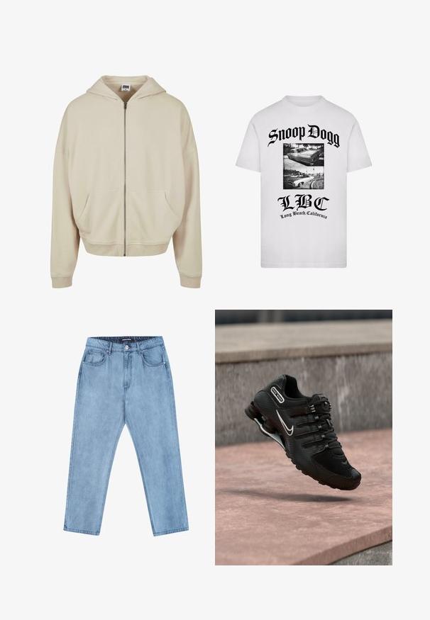Beige zip-up hoodie med hætte, forlommer, ribbede manchetter og nederkant. Fremstillet af blødt materiale med en glat struktur.; Hvid T-shirt med sort tekst "Snoop Dogg" og "LBC Long Beach, California" med to sort-hvide fotos af klassiske lowriderbiler.; Lyseblå denimjeans med lige pasform, fem lommer og et mærket bæltet. Stoffet har en let slidt tekstur.; Sort Nike Shox løbesko med hvid swoosh-logo, midt i luften over en rosa betonoverflade mod en grå stenmur som baggrund.